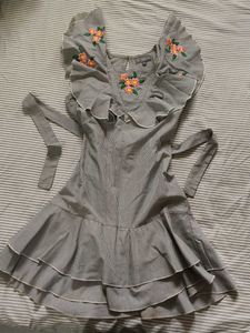 Striped Ruffled Dress with Floral Embroidery