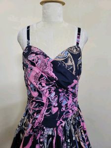 Vintage Pink &amp; Black Floral Print Midi Dress