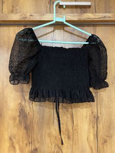 Black Smocked Lace Crop Top in