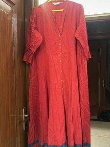 Red Button-Down long  Kurta /dress  with Blue Hem