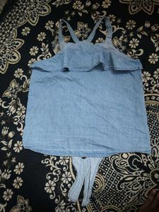 Light Wash Denim Ruffle Top
