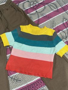 Brown Cargo Pants &amp; Rainbow Knit Top Set