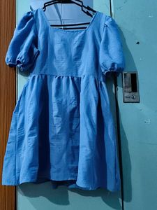 Blue Puff Sleeve Square Neck Dress