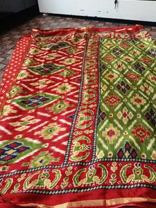 Vibrant Red & Green Ikat Silk Saree