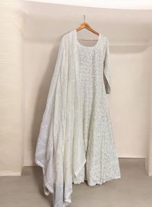White Party Wear Anarkali Gown &amp; Dupatta