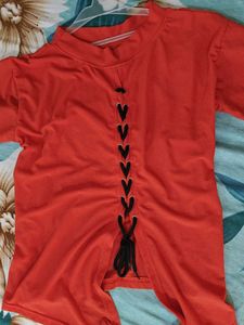 Orange Lace-Up Knit Top with Mesh Sleeves