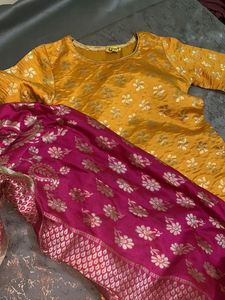 Yellow & Pink Brocade Kurta Set