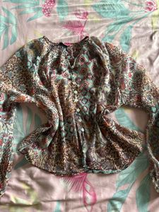 Bohemian Floral Print Sheer Blouse