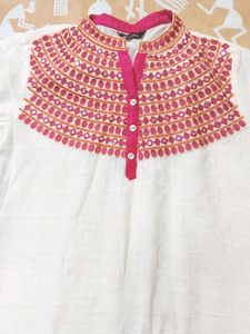 White Kurti with Pink Mirror Embroidery