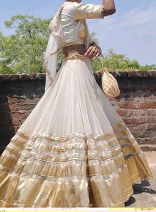 Elegant White &amp; Gold Lehenga Set