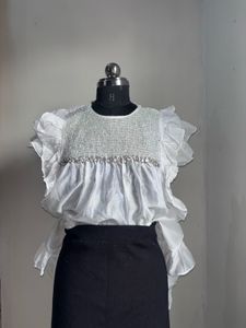 Elegant White Ruffle Top with Embellished Neckline