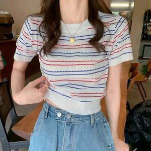 Korean Striped Cropped Knit Top
