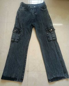 wash faded Black charcoal Cargo Jeans wide leg