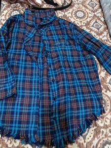 Blue Plaid Frayed Hem Shirt