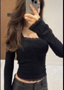 Black Lace ribbed long sleeve top sqaure neck