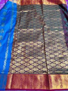 fixed  Blue Silk Saree with Gold Zari  pattu
