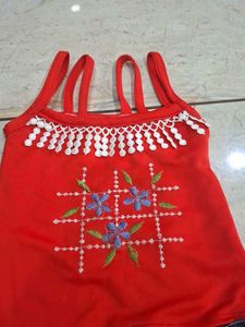 Cute Girls Red Top and Denim Skirt Set