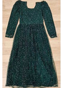 Dark Green Printed Long Dress with Puff Sleeves &amp;