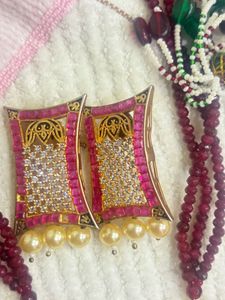 Elegant Pink Stone & Pearl Drop Earrings