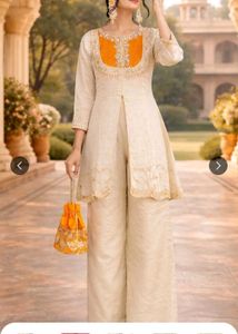 New Elegant Cream Kurta Set with Orange Accents