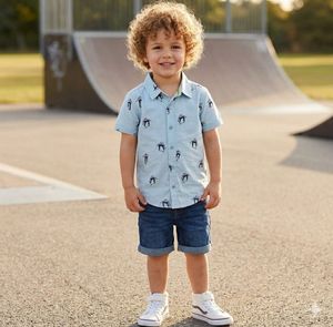 Cute Boy's Skateboard Print Shirt & Denim Shorts O