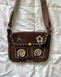Crocheted Black Shoulder Bag with Bows