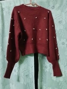 Pearl Embellished Maroon Sweater