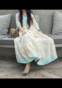Cream Anarkali Kurta with Blue Embroidery
