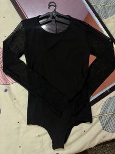 Black Backless Mesh Sleeve Bodysuit
