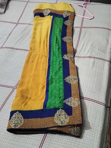 Vibrant Yellow Saree with Green &amp; Blue Border