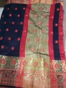 Elegant Black Saree with Red &amp; Gold Border.