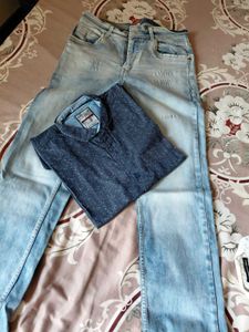 Men's Blue Denim Jeans & Printed Shirt Set