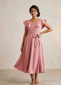 Elegant Pink Midi Dress with Ruffle Sleeves