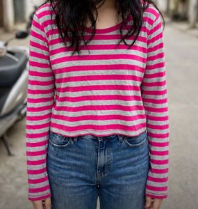 Pink & Grey Striped Long Sleeve Top