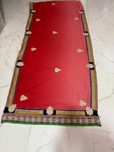 Elegant Red Embroidered pearl work Saree