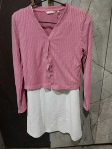 Ribbed Pink Knit Cardigan with White Dress