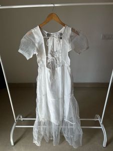Sheer White Puff Sleeve Tiered Midi Dress