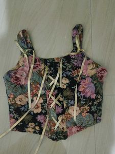 UNUSED Floral Corset Top Lace-up Detail