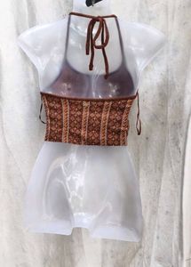 I. Brown Patterned Halter Neck Crop Top