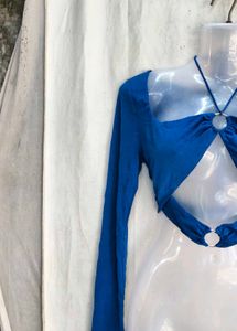 Blue Cutout Ring Detail Long Sleeve Top