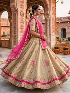 Stunning Golden Lehenga Choli with Pink Dupatta