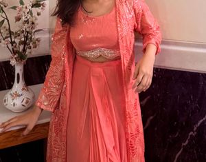 Coral Sequined blouse lehnga Set with Jacket