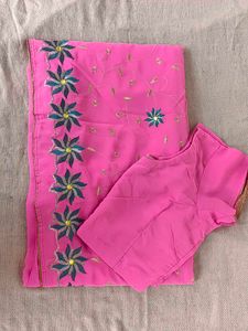 New  Saree Pink Embroidered With Blouse