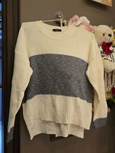 Cream & Grey Striped Knit Sweater
