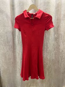 Red Ribbed Polo Collar Mini Dress