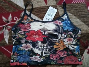 Skull Floral Print Crop Tank Top