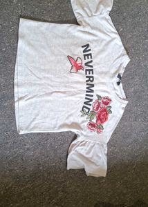 Grey Embroidered Bird & Flower T-Shirt