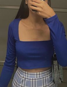 Blue Ribbed Long Sleeve Crop Top