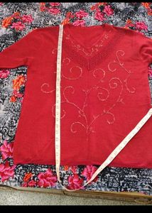 Red V-Neck Embellished Sweater