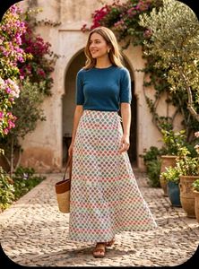 Flowy Midi Skirt with Floral Ethnic Print